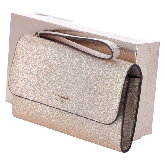 Kate Spade Glimmer Boxed Medium Flap Phone Wristlet Wallet Gold Glitter Holiday - Picture 3 of 6